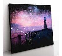 Lighthouse At Sunset Paint Splash Modern Canvas Wall Art Print Ready to Hang, Framed Picture for Living Room Bedroom Home Office Décor, 50x50 cm (20x20 Inch)