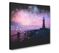 Lighthouse At Sunset Paint Splash Modern Canvas Wall Art Print Ready to Hang, Framed Picture for Living Room Bedroom Home Office Décor, 20x20 Inch (50x50 cm)