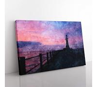 Lighthouse At Sunset Painting Modern Art Canvas Wall Art Print Ready to Hang, Framed Picture for Living Room Bedroom Home Office Décor, 60x40 cm (24x16 Inch)