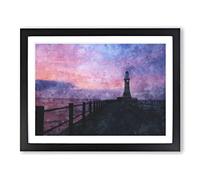 Lighthouse At Sunset Painting Modern Art Framed Print | A4 Black Framed Wall Art | Ready to Hang | Modern Cityscape Picture | Living Room Bedroom Lounge Office