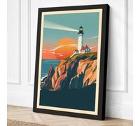 Lighthouse at Sunset Retro Canvas Wall Art Print 18x12 Inch (46 x 30 cm)