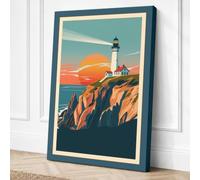 Lighthouse at Sunset Retro Canvas Wall Art Print 30x20 Inch (76 x 51 cm)