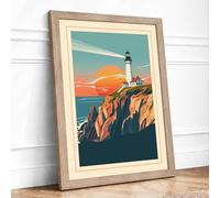 Lighthouse at Sunset Retro Framed Wall Art Print A1 (84.1×59.4cm) Oak, Wall Decor for Living Room, Bedroom, Office & Home, Ready to Hang, Art Gift
