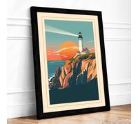 Lighthouse at Sunset Retro Framed Wall Art Print A4 (29.7×21cm) Black, Wall Decor for Living Room, Bedroom, Office & Home, Ready to Hang, Art Gift
