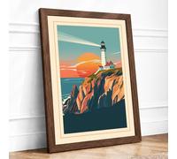Lighthouse at Sunset Retro Framed Wall Art Print A4 (29.7×21cm) Walnut, Wall Decor for Living Room, Bedroom, Office & Home, Ready to Hang, Art Gift
