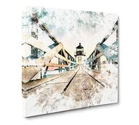 Lighthouse at the Piers End Watercolour Canvas Print | Gallery Wrapped 30mm Frame Wall Art | 14x14 inches | Ready to Hang | Coastal Seascape Picture | Living Room Bedroom Lounge Office