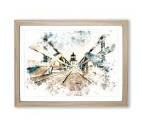Lighthouse At The Piers End Watercolour Modern Framed Print | A2 Oak Framed Wall Art | Ready to Hang | Modern Cityscape Picture | Living Room Bedroom Lounge Office