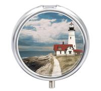 Lighthouse Backdrop Pill Box Cute Round Small Pill Organizer Portable with 3 Compartments Travel Metal Pill Case for Pocket Or Purse Privacy Protecting Medicine Box