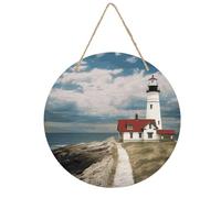 Lighthouse Backdrop Welcome Sign for Front Door 7.9 Wooden Flower Door Hanger, Rustic Round Large Wood Plaque Wall Hanging Decor for Front Porch Outdoor Farmhouse Home Decorations