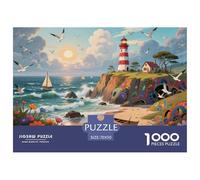 Lighthouse Beach Jigsaw Puzzles Puzzle for Adults Kids. 1000 Pieces Sailboats & Seagulls Impossible Challenge Toy Educational Games Home Decoration for Adults& Kids Age 14 Years Up 70x50cm/1000pcs