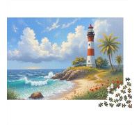 Lighthouse Beach Scene 1000pc Sea Lighthouse Heavy-duty Cardboard Jigsaw Puzzle for Brain Teaser Lovers Team Building Leisure Entertainment Social Icebreaker holiday pastime 38x26cm/1000pcs
