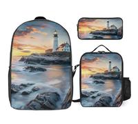 Lighthouse Beach Sky 3 Pieces Set Laptop Backpack Casual Daypack with Lunch Box Pencil Case for Travel