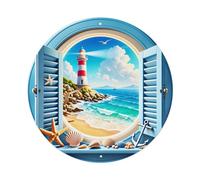Lighthouse Beach Waves Seagulls Starfish Shells Anchor Sky Clouds Round Tin Sign Vintage Metal Sign Home Bar Garden Wall Decor Metal Poster 8x8 Inch
