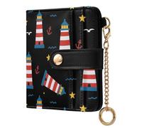 Lighthouse Black Stars Pattern Small Women Wallet RFID Blocking Bifold PU Leather Compact Card Holder with Zipper Coin Pocket Purse for Ladies Women Girls