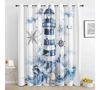 Lighthouse Blackout Curtain, Watercolor Sea Wave Shell Curtains for Bedroom, Living Room Eyelet Curtain Thermal Window Curtains & Drapes 66 x 54 Inch Drop 2 Panels