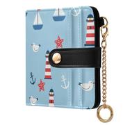 Lighthouse Blue Starfish Pattern Small Women Wallet RFID Blocking PU Leather Bifold Compact Card Holder with Zipper Coin Pocket Purse for Women Ladies Girls