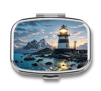 Lighthouse by The Sea Pill Case 2 Compartments Travel Pill Organizer for Pocket Small Pill Box Portable Pill Container Metal Medication Holder to Hold Vitamin Fish Oil Supplement