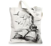 Lighthouse Canvas Tote Bag, Artistic Reusable Grocery Bags, Lightweight Beach Shoulder Strap Bags 13x15 Inch