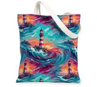Lighthouse Canvas Tote Bag for Women, Coastal Artistic Waves Seagulls Summer Turquoise Washable Reusable Shopping Bags Idea, Turquoise, 13x15 Inch
