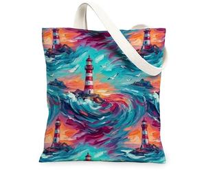 Lighthouse Canvas Tote Bag for Women, Coastal Artistic Waves Seagulls Summer Turquoise Washable Reusable Shopping Bags Idea, Turquoise, 13x15 Inch