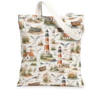 Lighthouse Canvas Tote Bag for Women, Coastal Natural Coastal Gull Boat Summer Blue Washable Reusable Market Tote Bag Idea, Blue, 13x15 Inch