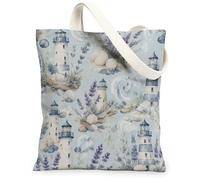 Lighthouse Canvas Tote Bag for Women, Coastal Natural Shell Lavender Summer Blue Washable Reusable Shopping Bag for Shoppin, Blue, 13x15 Inch