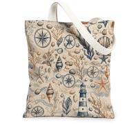 Lighthouse Canvas Tote Bag for Women, Coastal Nautical Compass Seashell Summer Navy Washable Reusable Shopping Bag Ideas Fo, Navy, 13x15 Inch