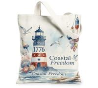 Lighthouse Canvas Tote Bag for Women, Coastal Nautical Seagulls Shells Summer Blue Washable Reusable Everyday Tote Bags for, Blue, 13x15 Inch