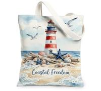 Lighthouse Canvas Tote Bag for Women, Coastal Nautical Shells Starfish Summer Blue Washable Reusable Market Tote Bag Ideas for Family Friends Colleagues Reading Loves 13x15 Inch