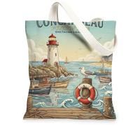 Lighthouse Canvas Tote Bag for Women, Coastal Vintage Boat Coastal Gull Summer Blue Washable Reusable Grocery Bags Ideas for Travel Work Shopping Bookstore 13x15 Inch