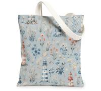 Lighthouse Canvas Tote Bag for Women, Coastal Vintage Flower Shell Summer Blue Washable Reusable Market Tote Bags for Shopp, Blue, 13x15 Inch