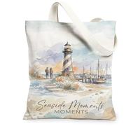 Lighthouse Canvas Tote Bag for Women, Coastal Watercolor Seagulls Boats Summer Blue Washable Reusable Market Tote Ideas for Outdoor Travel Workday Reading 13x15 Inch