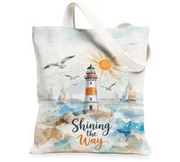 Lighthouse Canvas Tote Bag for Women, Coastal Watercolor Sun Seagulls Summer Blue Washable Reusable Shopping Bag Ideas for Travel Work Shopping Bookstore 13x15 Inch