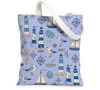 Lighthouse Canvas Tote Bag for Women, Nautical Coastal Coastal Gull Sailboat Summer Blue Washable Reusable Aesthetic Tote, Blue, 13x15 Inch