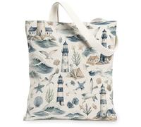 Lighthouse Canvas Tote Bag for Women, Nautical Coastal Coastal Gull Waves Summer Blue Washable Reusable Shopping Bag Ideas, Blue, 13x15 Inch