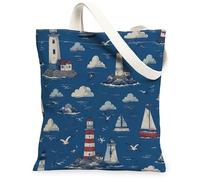 Lighthouse Canvas Tote Bag for Women, Nautical Coastal Sailboat Cloud Summer Blue Washable Reusable Aesthetic Tote Bag Idea, Blue, 13x15 Inch