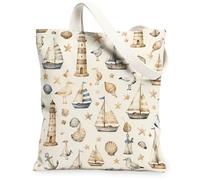 Lighthouse Canvas Tote Bag for Women, Nautical Coastal Sailboat Coastal Gull Summer Beige Washable Reusable Market Tote Id, Beige, 13x15 Inch