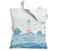 Lighthouse Canvas Tote Bag for Women, Nautical Coastal Sailing Ship Seagulls Summer Blue Washable Reusable Small Tote Bags Ideas for Family Friends Colleagues Reading Loves 13x15 Inch
