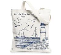 Lighthouse Canvas Tote Bag for Women, Nautical Coastal Seagulls Sailboats Summer Navy Washable Reusable Market Tote Ideas for Outdoor Travel Workday Reading 13x15 Inch