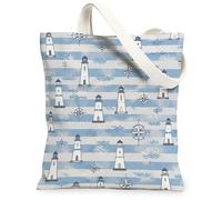 Lighthouse Canvas Tote Bag for Women, Nautical Coastal Waves Compass Summer Blue Washable Reusable Market Tote Bag Ideas Fo, Blue, 13x15 Inch