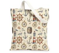 Lighthouse Canvas Tote Bag for Women, Nautical Vintage Anchors Compass Summer Beige Washable Reusable Small Tote Bags for S, Beige, 13x15 Inch