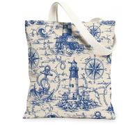 Lighthouse Canvas Tote Bag for Women, Nautical Vintage Anchors Compass Summer Navy Blue Washable Reusable Grocery Bags Ideas for Family Friends Colleagues Reading Loves 13x15 Inch