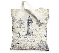 Lighthouse Canvas Tote Bag for Women, Nautical Vintage Anchors Ship Summer Navy Blue Washable Reusable Small Tote Bags Ideas for Shopping Trips Office Library Casual 13x15 Inch