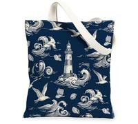 Lighthouse Canvas Tote Bag for Women, Nautical Vintage Waves Seagulls Summer Navy Washable Reusable Grocery Bags Ideas for Outdoor Travel Workday Reading 13x15 Inch