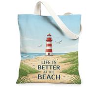 Lighthouse Canvas Tote Bag for Women, Summer Coastal Beach Seagulls Summer Blue Washable Reusable Small Tote Bags Ideas for, Blue, 13x15 Inch
