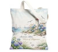 Lighthouse Canvas Tote Bag for Women, Summer Coastal Hydrangea Sailboat Summer Blue Washable Reusable Grocery Bags Ideas for Shopping Trips Office Library Casual 13x15 Inch