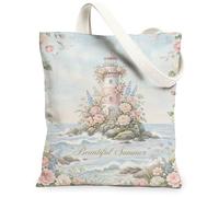 Lighthouse Canvas Tote Bag for Women, Summer Romantic Roses Waves Summer Pastel Peach Washable Reusable Everyday Tote Bag Ideas for Outdoor Travel Workday Reading 13x15 Inch