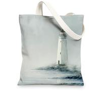 Lighthouse Canvas Tote Bags, Coastal Art Reusable Grocery Bags, Minimalistic Lightweight Washable Shoulder Strap Canvas Bag, Gray, 13x15 Inch