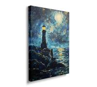 Lighthouse Canvas Wall Art Mermaid Painting Picture Coastal Night Scenery Framed for Bathroom Bedroom Living Room Nautical Ocean Modern Home Office Wall Decor 12"x16"
