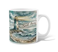 Lighthouse Ceramic Coffee Mug, Coastal Vintage Waves Starfish Summer Blue Novelty Tea Mug with Handle Ideal for Friends Family Co-Worker Lovers Eldership Senior 11 Oz